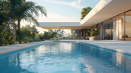 Fototapeta premium Modern luxury villa with a serene pool surrounded by tropical greenery.