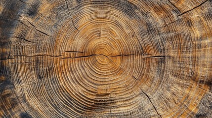 Naklejka premium Cross-section of an old tree trunk, revealing detailed growth rings and texture, perfect as a wooden background or template.