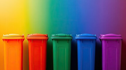Colorful waste separation bins arranged in a row against a solid color backdrop, ready for adding text or eco-friendly messages, promoting environmental awareness and responsible disposal.