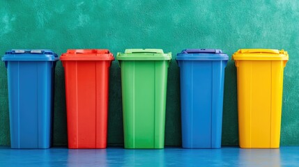 Colorful waste separation bins arranged in a row against a solid color backdrop, ready for adding text or eco-friendly messages, promoting environmental awareness and responsible disposal.
