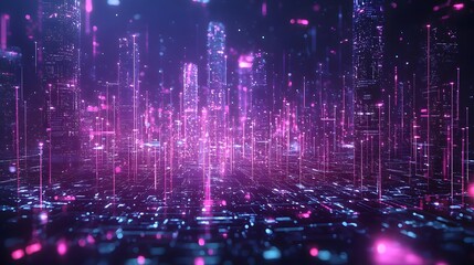Obraz premium Futuristic cityscape with vibrant pink and blue light effects creating a digital ambiance.