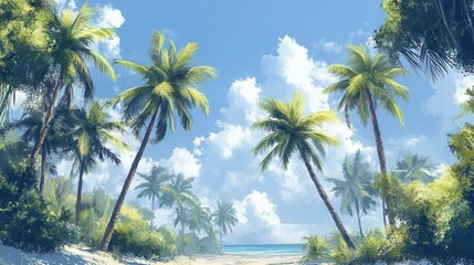 Obraz premium majestic palm trees swaying in the tropical breeze lodoicea maldivica phoenix dactylifera elaeis guineensis digital illustration