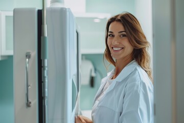 Obraz premium Healthcare Professional Assisting Patient with Mammogram in Modern, Bright Clinic