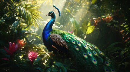 Fototapeta premium majestic peacock with iridescent feathers fully displayed set in lush tropical garden sunlight filtering through leaves painterly digital art style