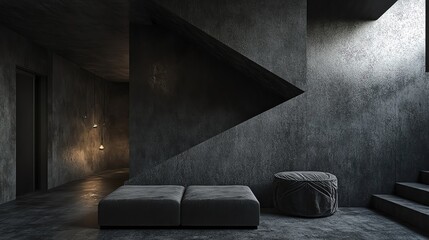 Modern interior design showcasing minimalist style with geometric shapes and soft lighting in a dark color palette.