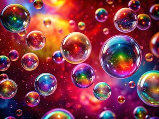 Vibrant, iridescent rainbow bubbles suspended in mid-air on a bold, crimson background, shimmering with mesmerizing colors and light refractions, creating a magical atmosphere.