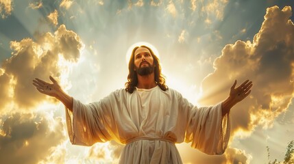 majestic portrait of jesus christ with radiant halo arms outstretched in blessing set against a dramatic cloudy sky backdrop