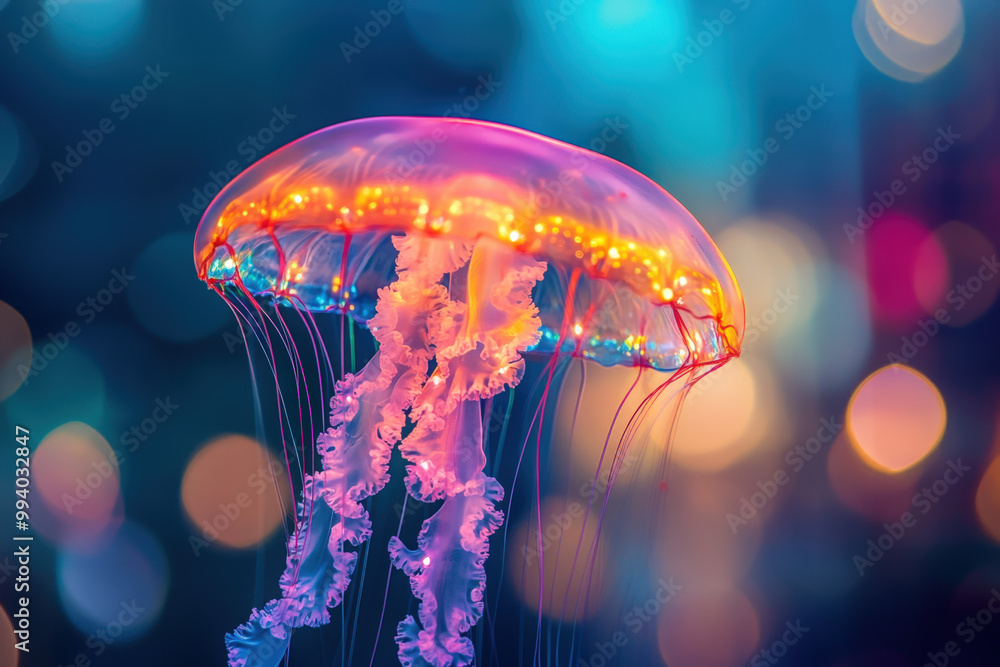 Poster glowing orange jellyfish decoration is hanging from the ceiling with colorful bokeh in the backgroun