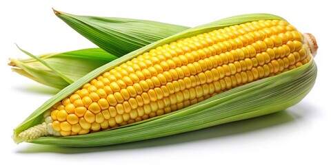 Vibrant yellow corn on the cob with lush green husk, isolated on a pristine white background, perfect for Thanksgiving and harvest season decorations.