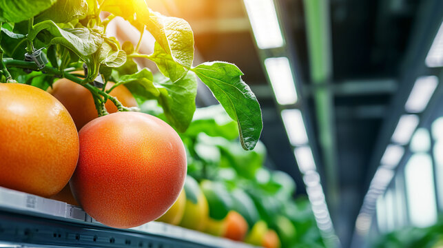 Fresh fruit growing in vertical farm with vibrant colors and lush greenery