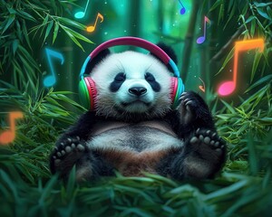 Obraz premium A panda wearing colorful headphones, relaxing in a bamboo forest, surrounded by musical notes and glowing plants, soft natural lighting
