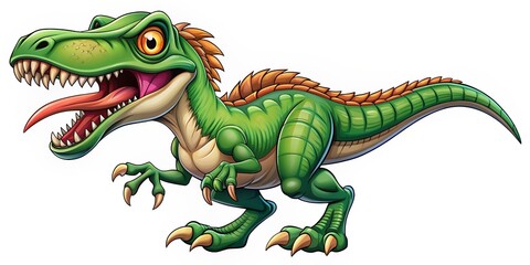 Fototapeta premium Colorful cartoon raptor dinosaur illustration, menacing sharp claws and teeth, fierce eyes, green scaly skin, isolated on white background, fun and vibrant design element.