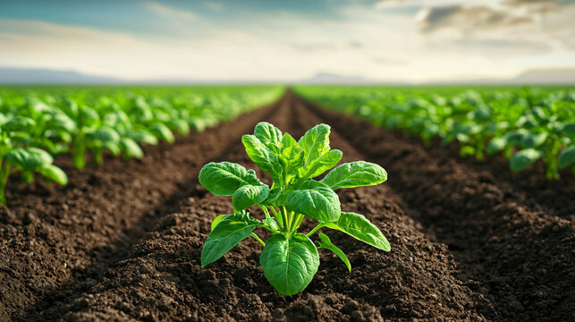 vibrant green plant grows in rich soil, symbolizing agricultural growth and sustainability