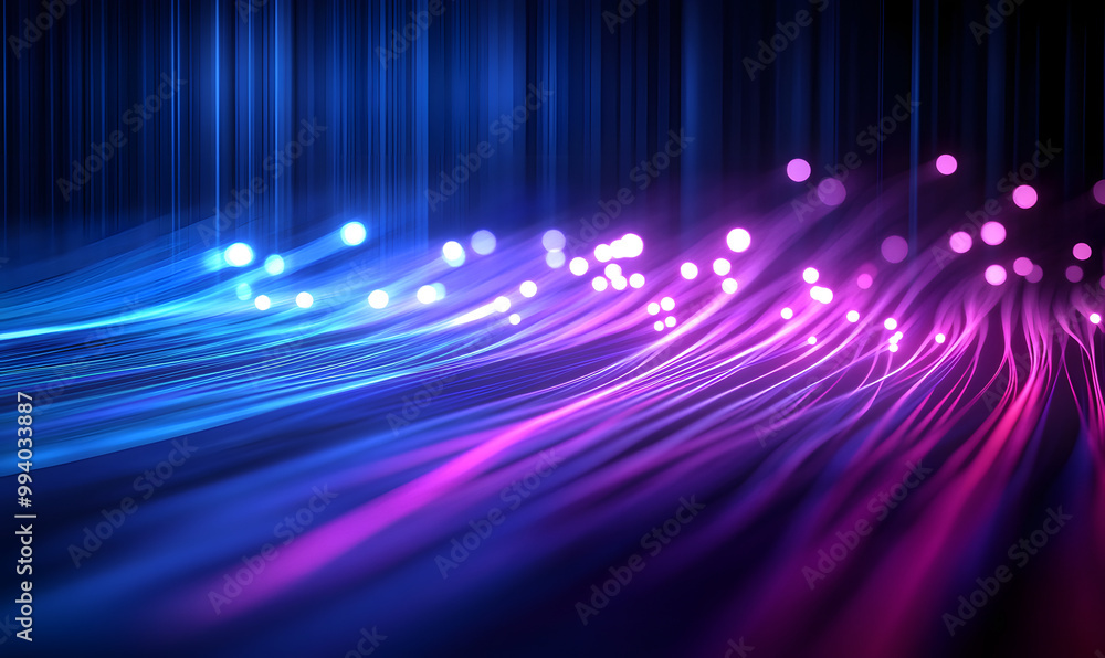 Poster optical data concept depicted by abstract glowing lines on a dark background. the high speed, vast c