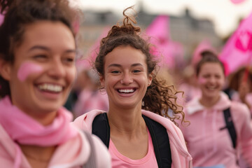 Joyous Woman Celebrating at Breast Cancer Awareness Marathon Amidst Cheers and Pink Banners