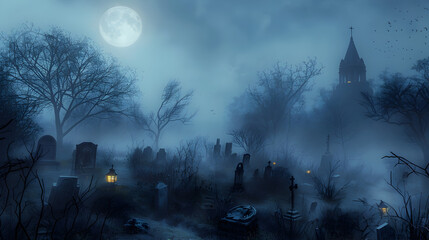 A graveyard with a large moon in the sky