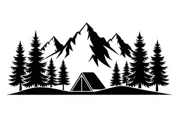 Black silhouette of mountains and fir trees camping landscape panorama illustration icon vector