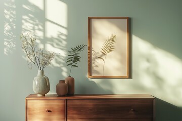 Soft sunlight on a minimalist wooden sideboard with nature-inspired wall art and neutral vases. A peaceful, elegant space that balances simplicity and warmth.