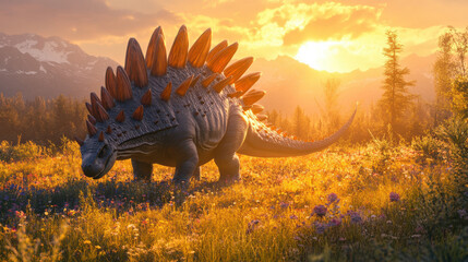 Fototapeta premium A massive Stegosaurus basking in the golden glow of a setting sun, standing amidst a field of tall grass and wildflowers. The sunlight highligh