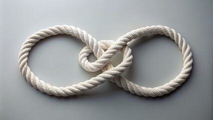 Obraz premium Isolated white rope formed into an intricate knot shape resembling a heart, lying on a clean surface, symbolizing love, unity, and eternal bonding.