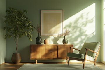 A Scandinavian-style room with minimalistic decor, soft green tones, and natural sunlight filtering in, creating a peaceful and welcoming space.