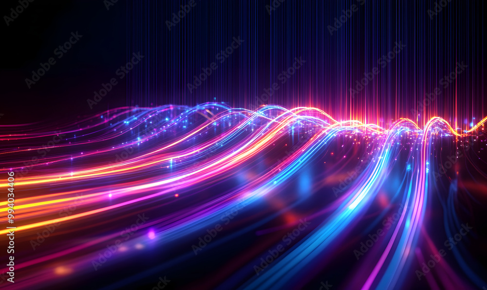 Poster optical data concept depicted by abstract glowing lines on a dark background. the high speed, vast c