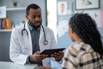 A doctor reviewing a patient's medical history on a tablet while discussing symptoms, with the patient sitting across in a calm, well-lit clinic room, emphasizing modern healthcare technology