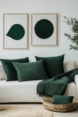 Minimalist Japandi design with simple geometric shapes in dark green tones, blending modern and traditional influences for a serene, balanced aesthetic.