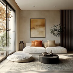  Japandi, Scandinavian interior design of modern living room. 