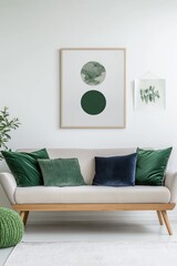 A minimalist living room with a soft beige sofa and green accents. Modern abstract wall art adds a touch of sophistication to the serene atmosphere.
