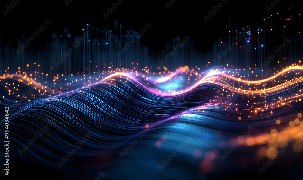 Poster optical data concept depicted by abstract glowing lines on a dark background. the high speed, vast c