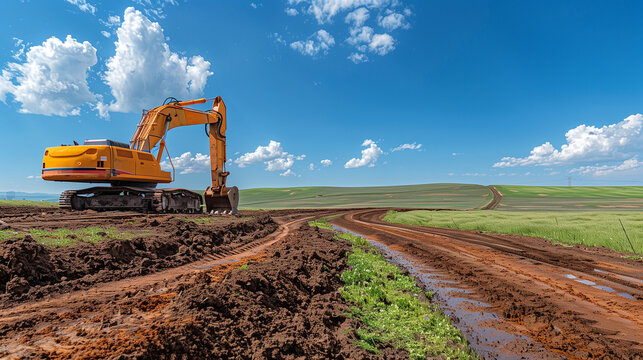 An excavator sits on a muddy construction site in a vast, open field under a bright blue sky, preparing the land for development amidst a rural landscape.