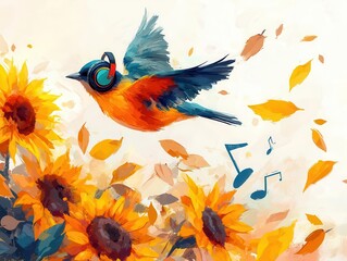 Fototapeta premium A bird with colorful headphones, flying through a field of sunflowers, music notes trailing behind, bright and joyful, warm sunlight