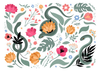 Set of snakes with flowers. Hand drawn cute stickers. Simple flat vector illustration