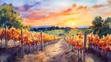 Vineyard at sunset, with watercolor blending the sky s warm tones with the rich colors of the vines