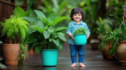 Happy Little Gardener Holding Potted Plant