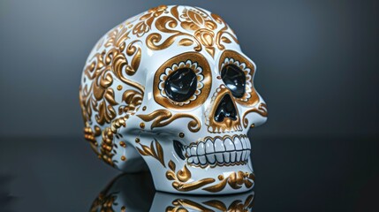Luxury Themed White and Gold Sugar Skull with Intricate Detailing on Reflective Black Surface