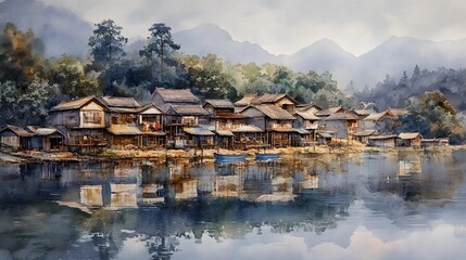Naklejka premium Peaceful fishing village along a riverbank, watercolor reflections shimmering on the water