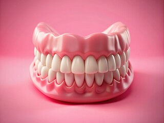 Obraz premium 3D illustration of dentures, dental health concept, false teeth, prosthetic dentistry, oral care, realistic dentures, pink background, dental hygiene