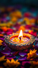 Petals and Flame: Close-Up of a Glowing Diya for Diwali
