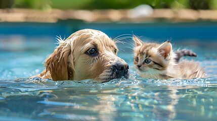 Puppy when kitten at the beautiful swimming