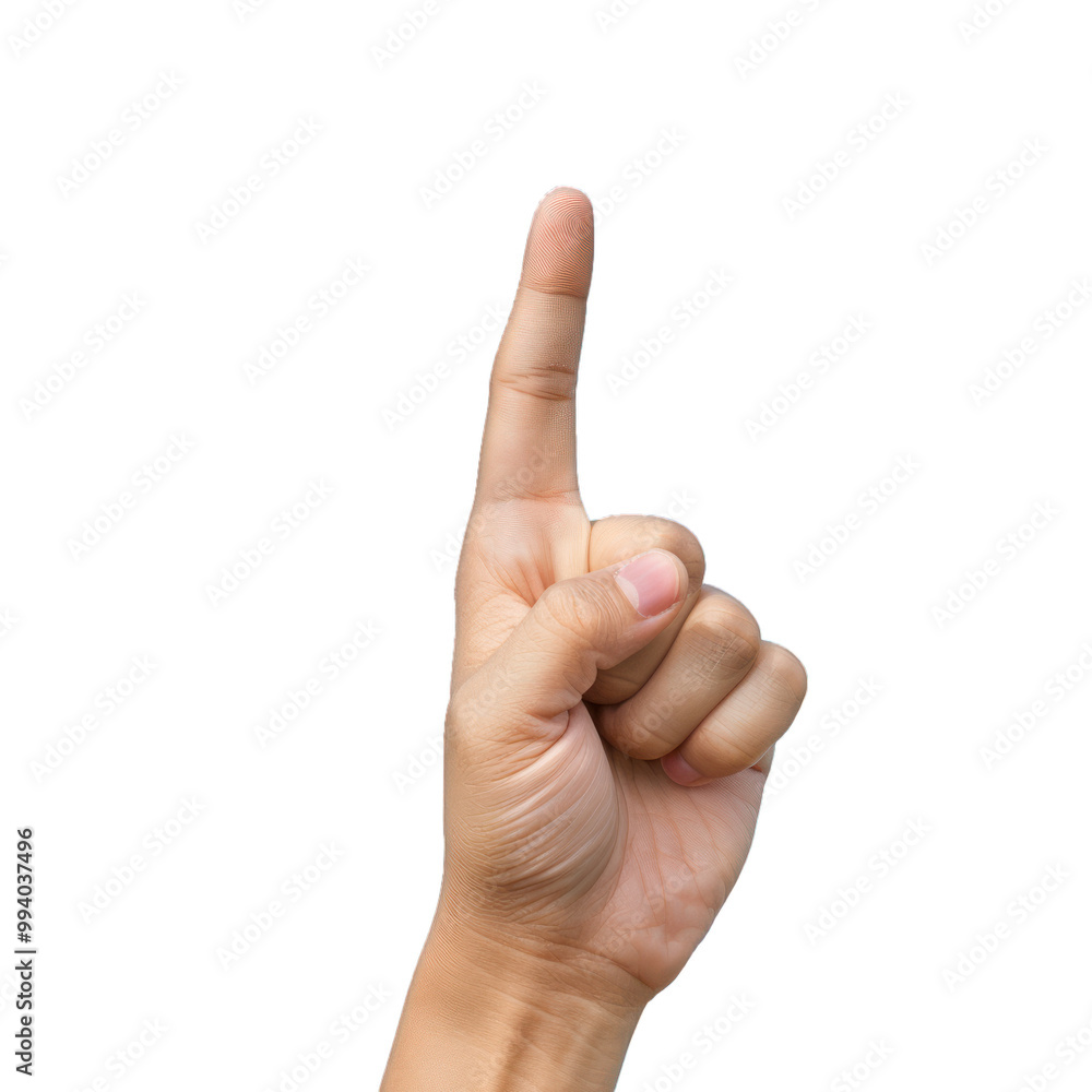 Poster hand is making a gesture with the index finger pointing upwards on white background