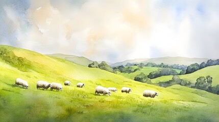Rolling hills with grazing sheep, tranquil watercolor details adding softness to the pastoral scene