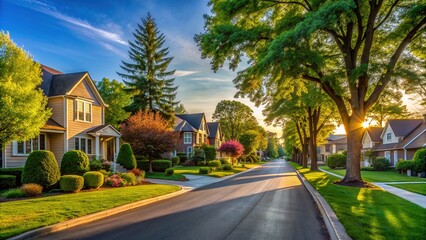 Fototapeta premium Serene suburban street lined with tall trees, charming houses, and a gentle curve of asphalt, bathed in warm, soft afternoon light on a cloudless day.