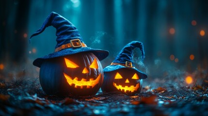 Spooky Glowing Jack-O'-Lanterns with Witch Hats in a Dark Mystical Halloween Setting