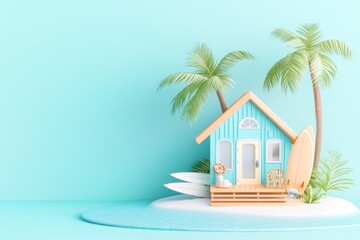 Obraz premium A colorful beach house surrounded by palm trees and surfboards on a tranquil blue background.