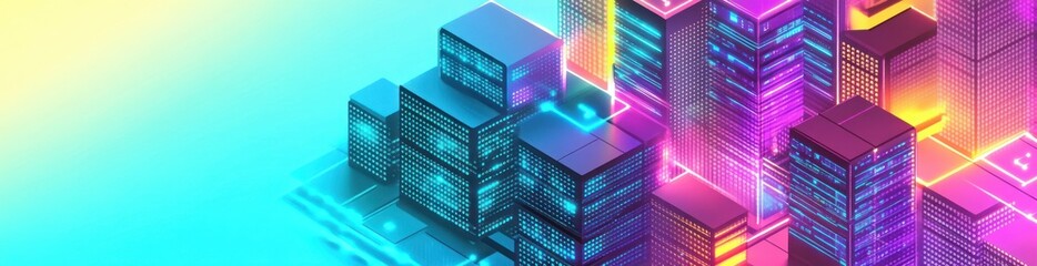 Fototapeta premium A vibrant, futuristic cityscape with glowing buildings and digital elements.