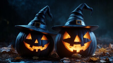 Spooky Glowing Jack-O'-Lanterns with Witch Hats in a Dark Mystical Halloween Setting