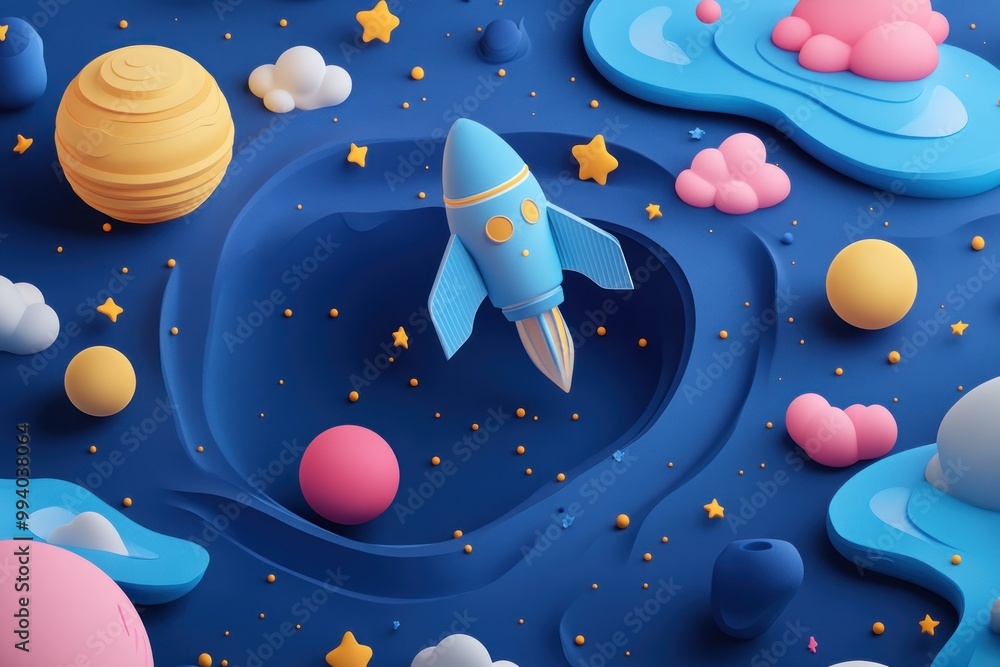 Poster a whimsical 3d illustration of a rocket in a colorful space scene with planets and clouds.