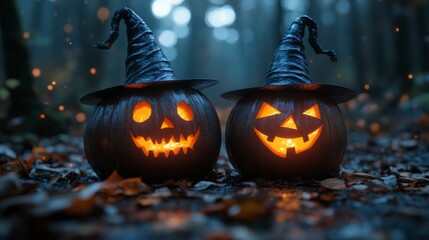 Spooky Glowing Jack-O'-Lanterns with Witch Hats in a Dark Mystical Halloween Setting